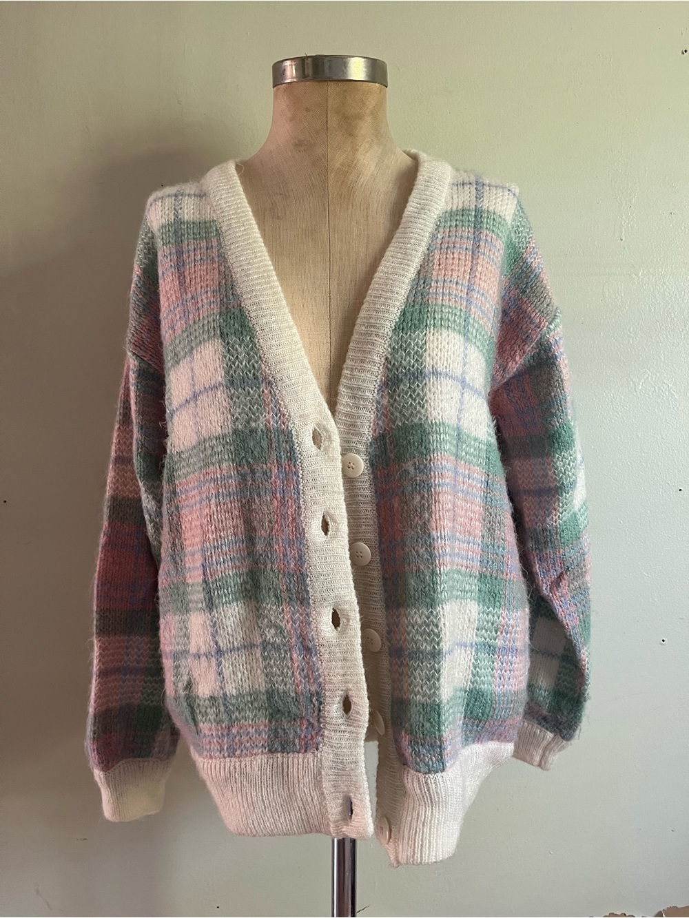 Alfred dunner Cozy Pastel Plaid Button-Up Cardigan Sweater - Cream, Pink & Green